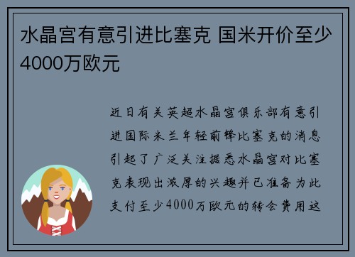 水晶宫有意引进比塞克 国米开价至少4000万欧元